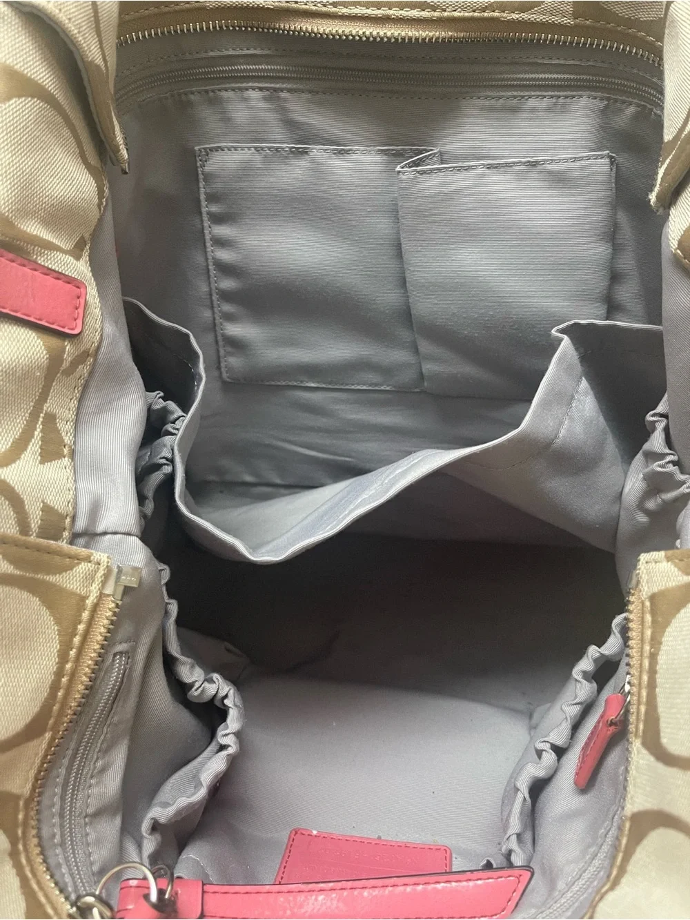 Coach Beige Signature Canvas Tote with Pink Leather Trim